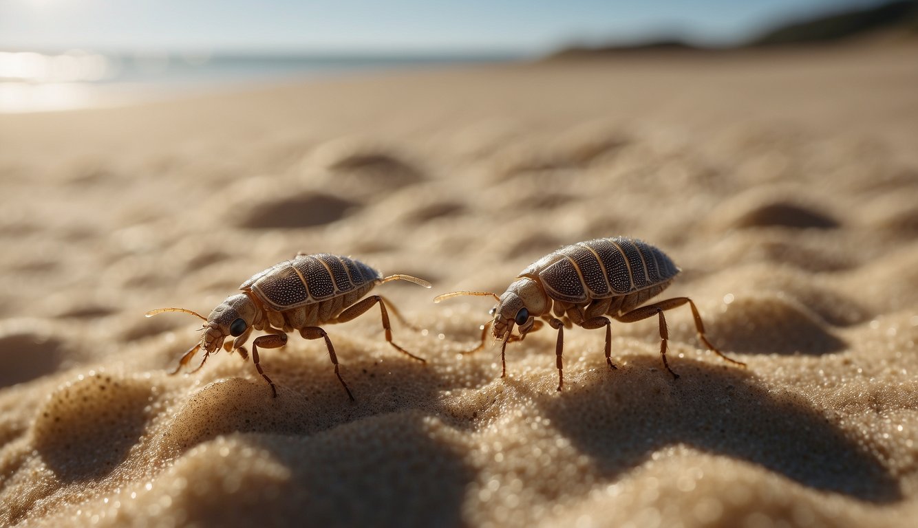 Sand fleas hop across the sandy beach, their small bodies propelled by powerful jumps.

The sun glistens off their shiny exoskeletons as they move with swift agility