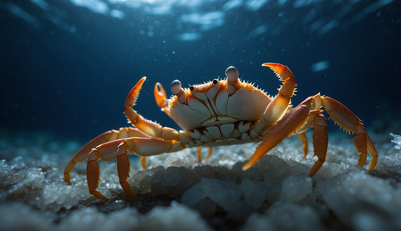 Snow crabs scuttle across the icy ocean floor, their sharp claws glinting in the dim light.

The water is frigid, but they move with purpose, searching for food in their chilly underwater world