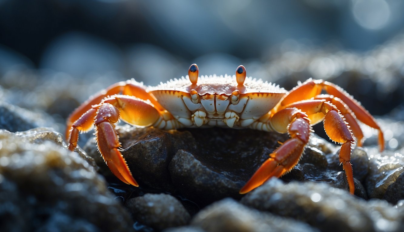 Snow crabs scuttle among icy rocks, their spiky shells camouflaged against the frosty seabed.

Sunlight filters through the frigid water, casting an ethereal glow on the mysterious creatures
