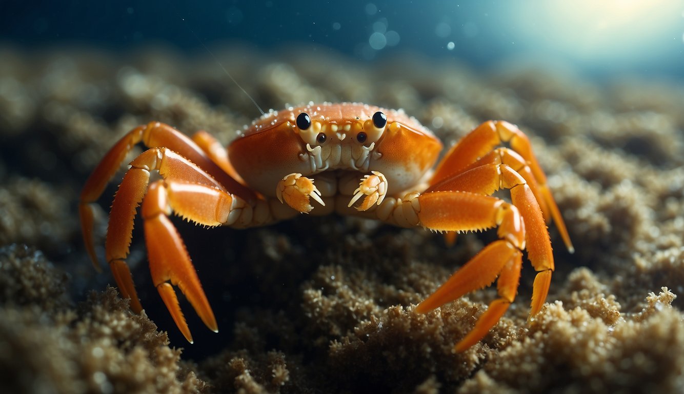 Snow crabs hatch from eggs on the ocean floor.

They grow through several molts, shedding their exoskeletons. Adult crabs migrate to shallower waters to spawn, continuing the cycle