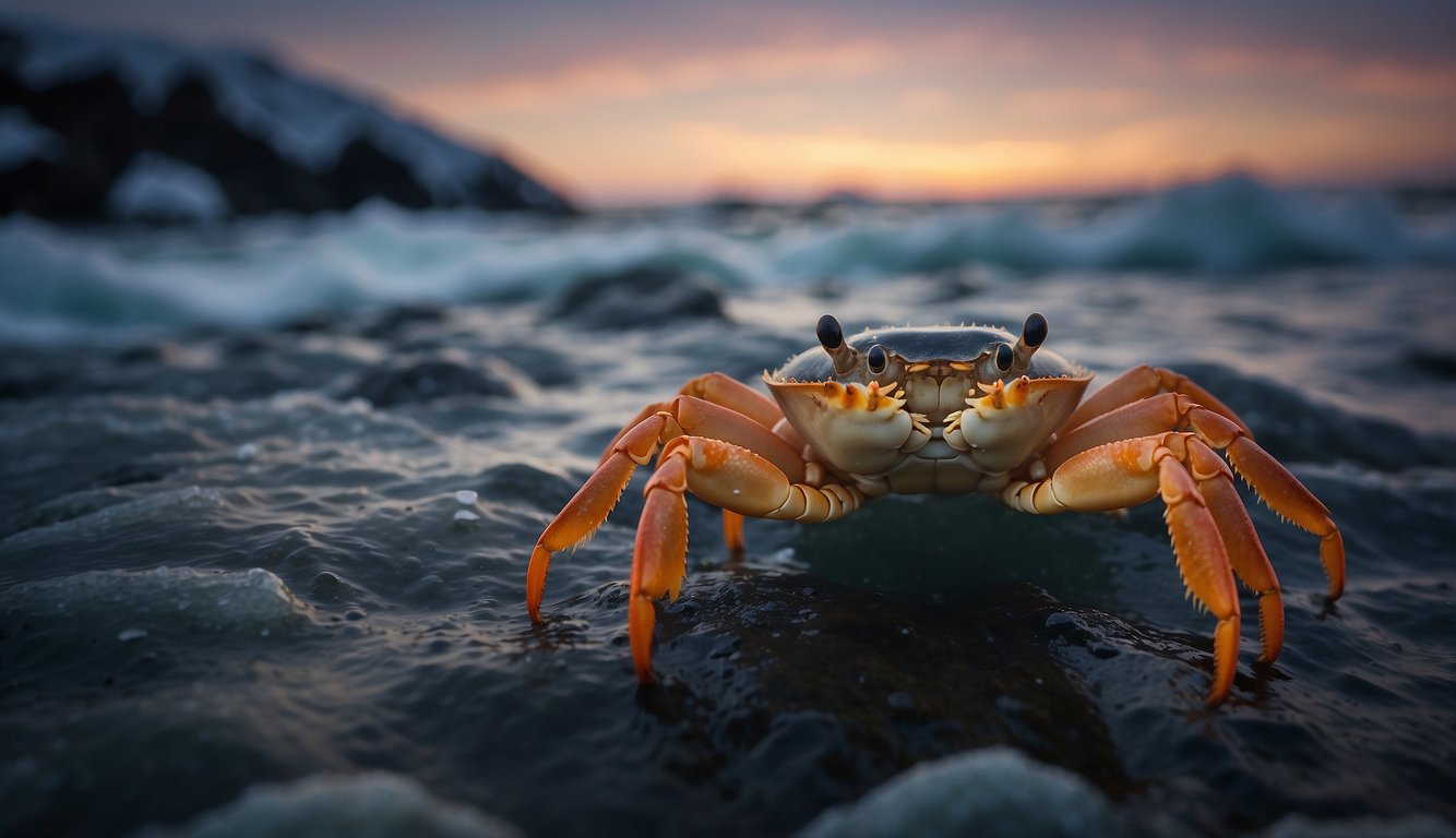Snow crabs scuttle across the icy ocean floor, surrounded by cold, dark waters and rocky terrain.

Other marine life, such as fish and sea stars, can be seen in the background