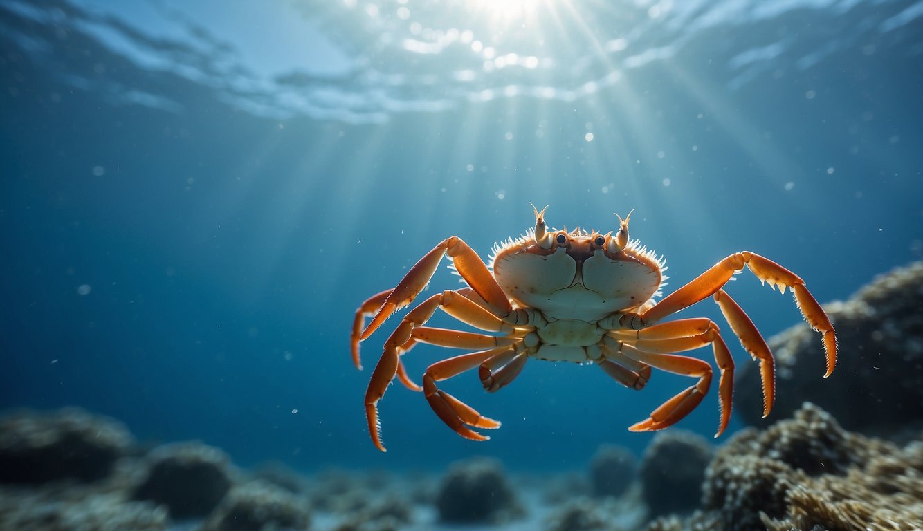 Snow crabs cluster on the icy ocean floor, their spiky legs and sharp claws contrasting against the frosty blue backdrop.

The chilly waters swirl around them as they navigate their frigid underwater world