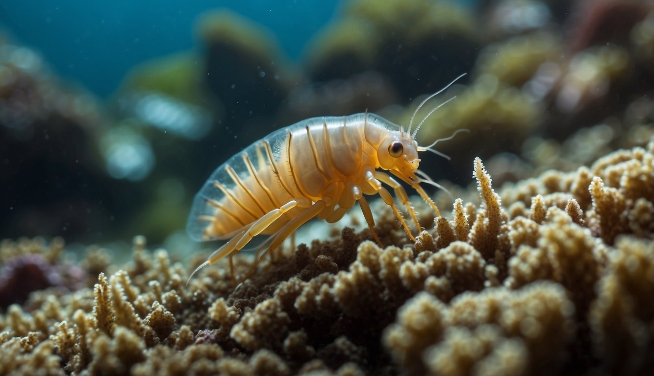 Amphipods scurry among coral, removing algae and detritus.

Fish hover nearby, benefiting from the amphipods' cleaning services. The ocean floor is teeming with life, thanks to these tiny creatures