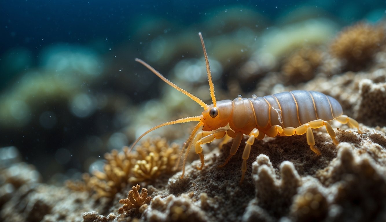 Amphipods swarm around a coral reef, busily cleaning and scavenging.

The tiny crustaceans dart in and out of crevices, their translucent bodies catching the light as they work