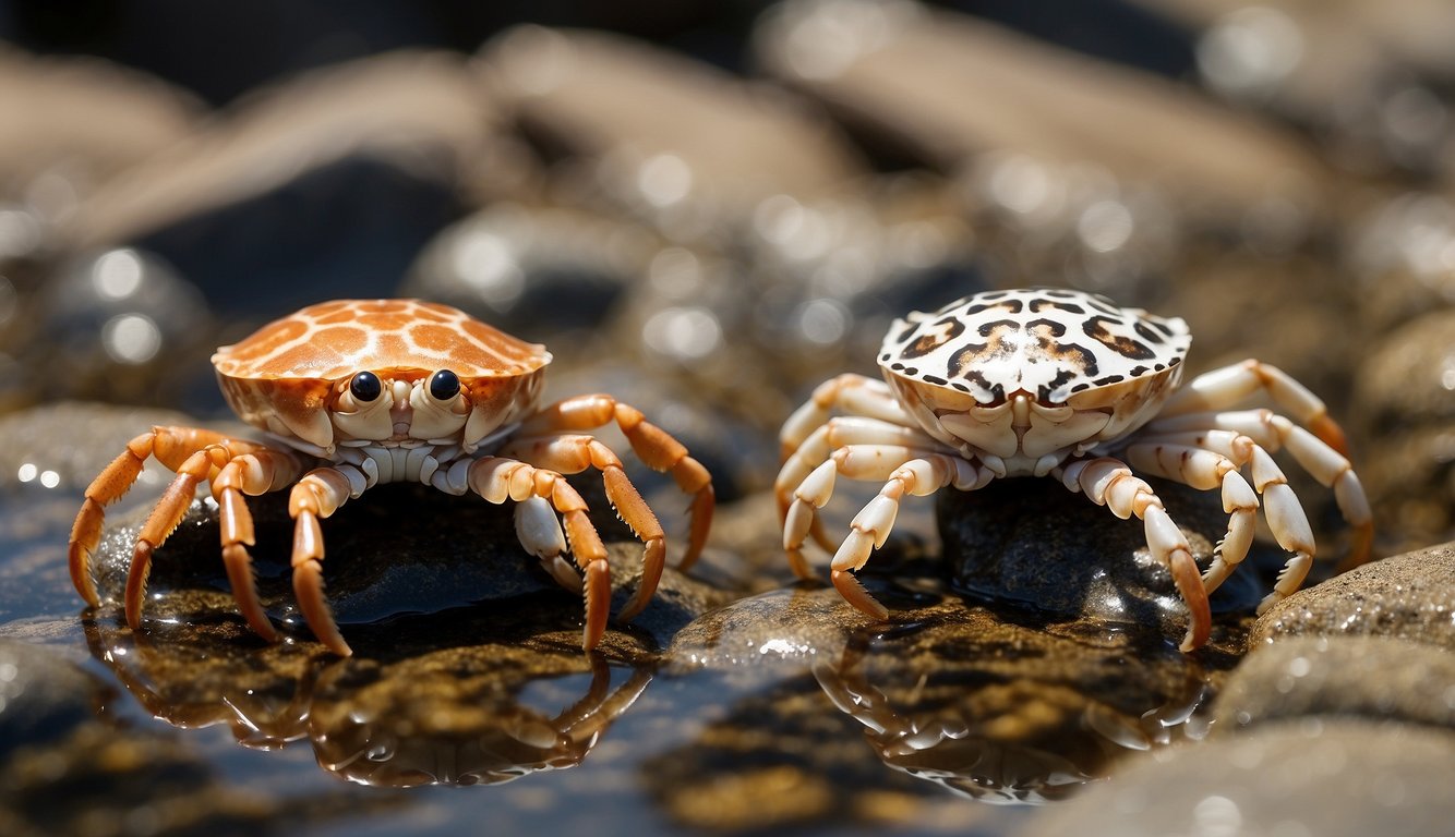 Two porcelain crabs delicately perched on a rocky tide pool, their intricate patterns and delicate limbs showcased in the dappled sunlight