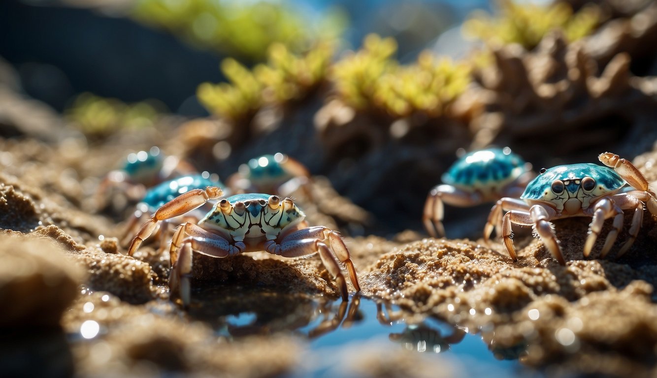 A group of porcelain crabs delicately navigate through the vibrant tide pools, seeking refuge among the intricate coral formations.

The sunlight dances off their iridescent shells, creating a mesmerizing display of color and movement