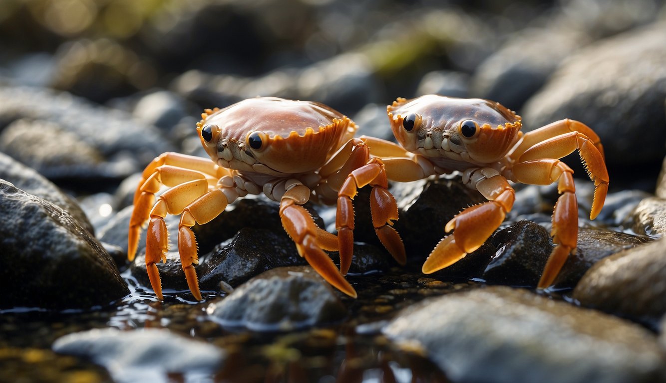 A pair of porcelain crabs, one male and one female, are nestled among the rocks and seaweed in a tide pool.

The male is gently cradling the female as they go through their mating ritual