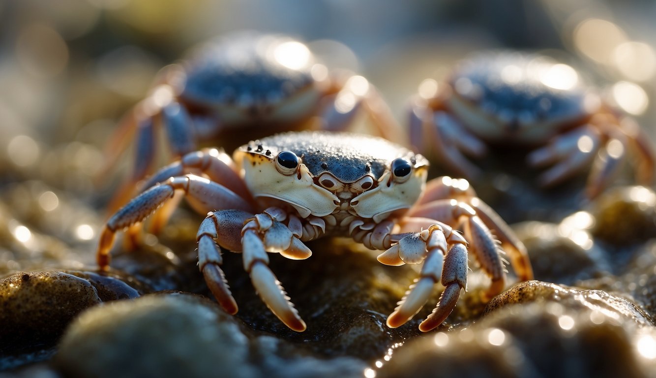 Porcelain crabs delicately navigate tide pools, their intricate shells shimmering in the sunlight.

They gracefully scavenge for food, their tiny legs and antennae in constant motion