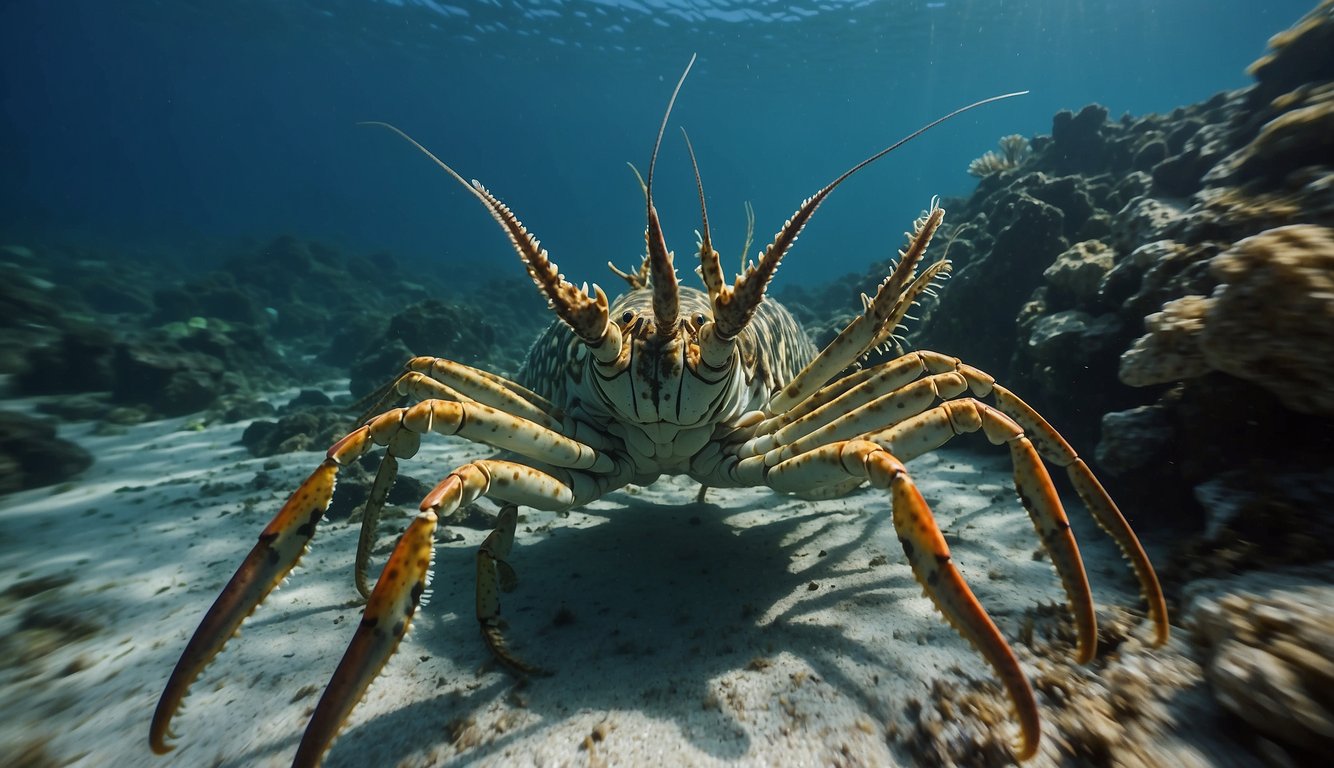 A group of spiny lobsters scuttle across the ocean floor, their armor-like exoskeletons glinting in the sunlight.

They move gracefully, their long antennae swaying as they search for food in the vibrant underwater landscape