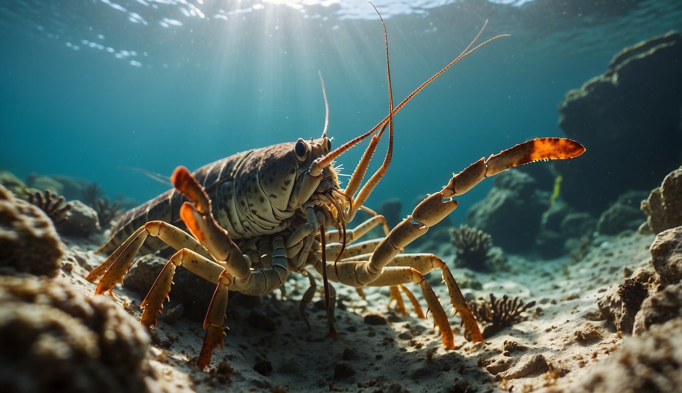A group of spiny lobsters crawl along the rocky ocean floor, their long antennae swaying as they navigate through the coral reef.

Their spiny exoskeletons glisten in the sunlight, providing protection as they scavenge for food