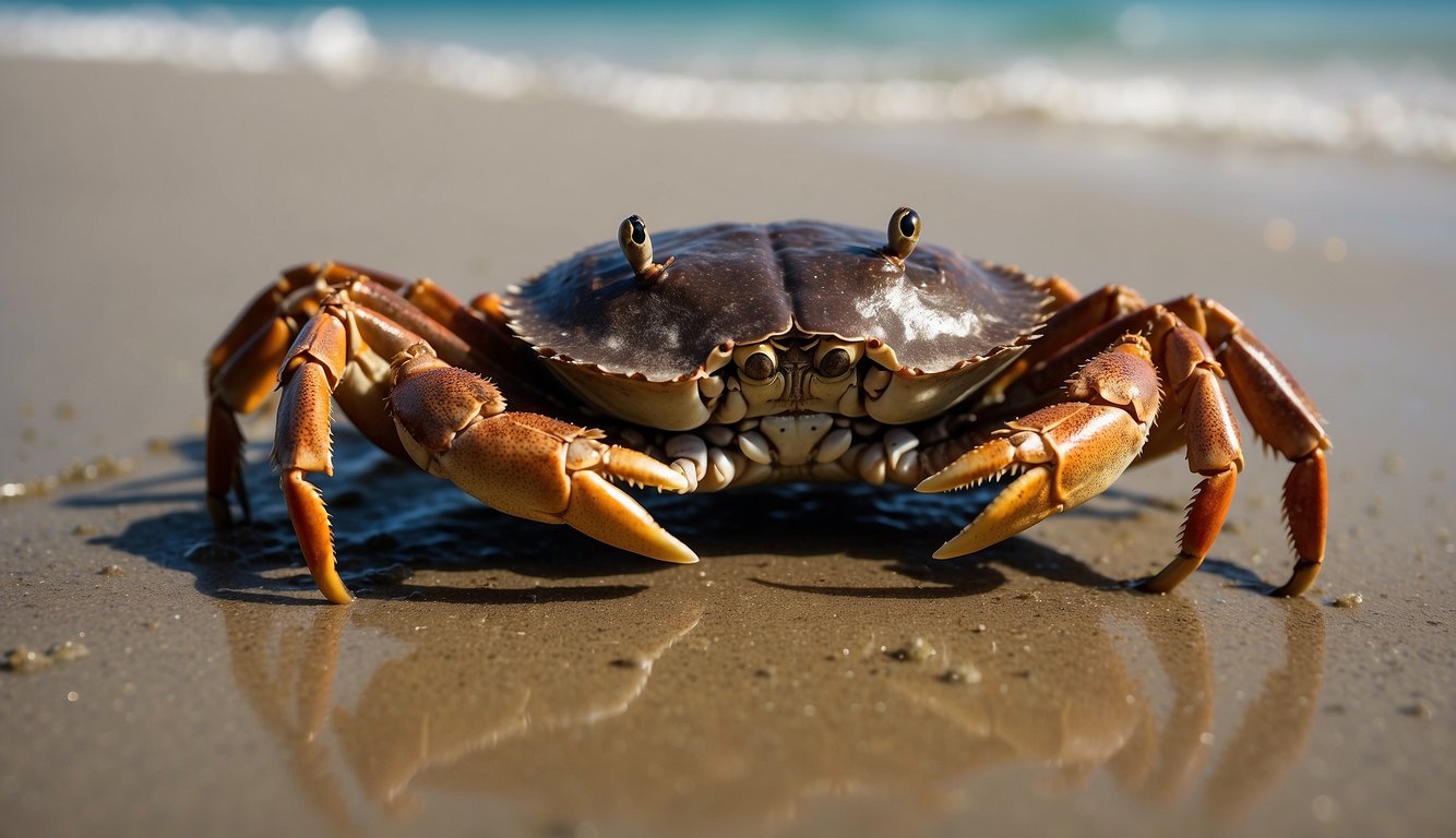 A mud crab blends into the sandy ocean floor, its shell matching the color and texture perfectly.

It scuttles along, using its cunning to outsmart predators and catch prey