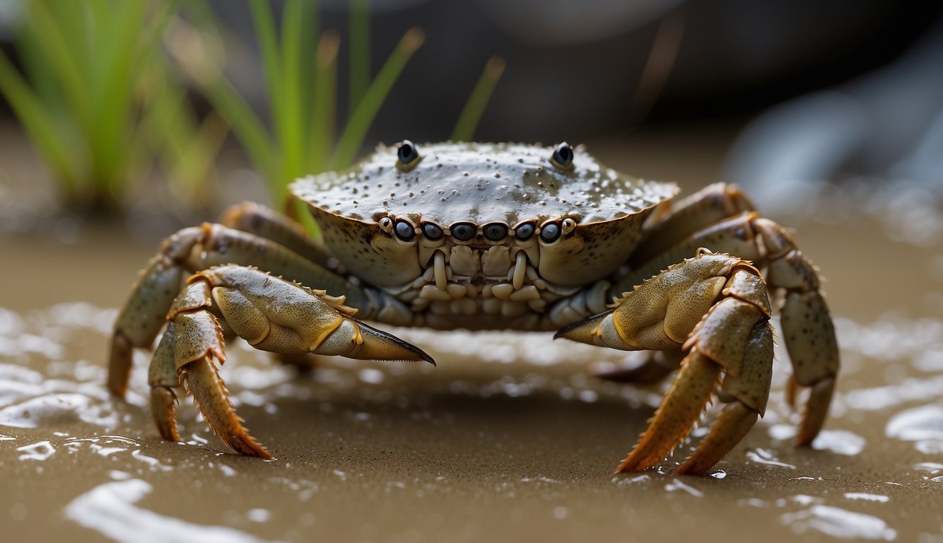 A mud crab blends into the sandy ocean floor, waiting to ambush unsuspecting prey with its sharp claws.

It stealthily approaches a small fish, ready to pounce