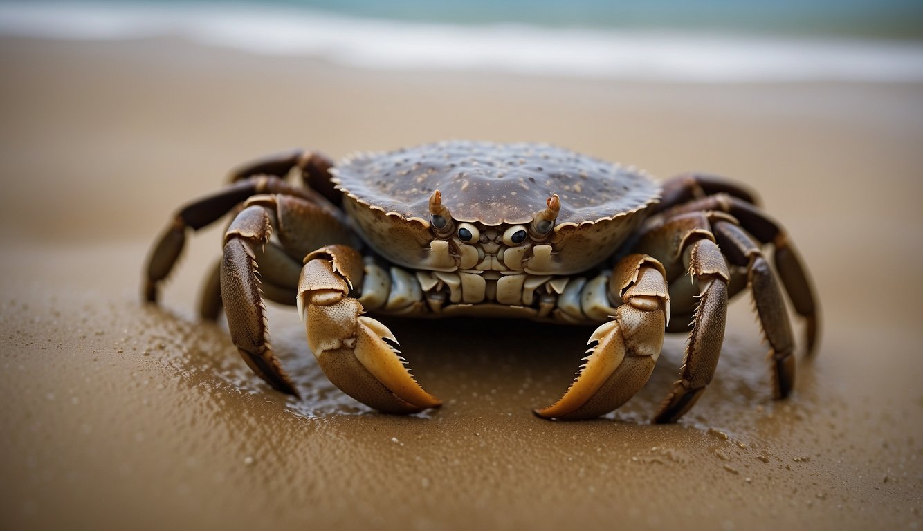 A mud crab blends into its sandy habitat, its shell matching the color of the ocean floor.

It scuttles along, using its sharp claws to dig and hunt for food