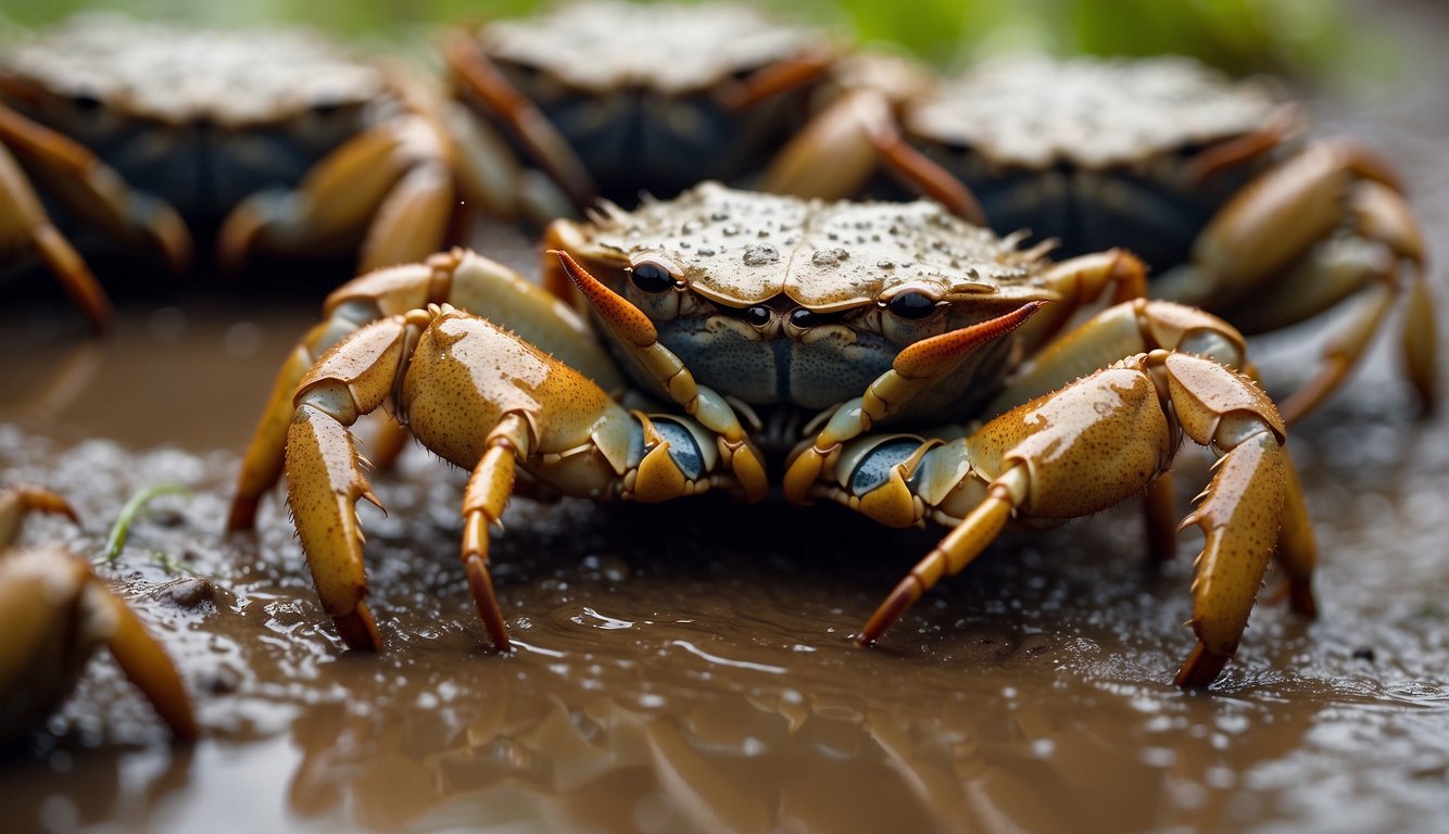 A group of mud crabs blend seamlessly into their muddy surroundings, their sharp claws poised for action.

They scuttle across the wet ground, their intricate patterns and colors making them almost invisible to the untrained eye
