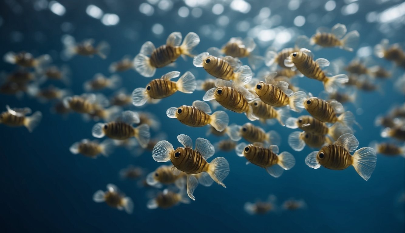 A swarm of tiny sea creatures floats in the ocean, their translucent bodies glowing in the deep blue water.

They move in synchronized patterns, creating an otherworldly dance beneath the waves