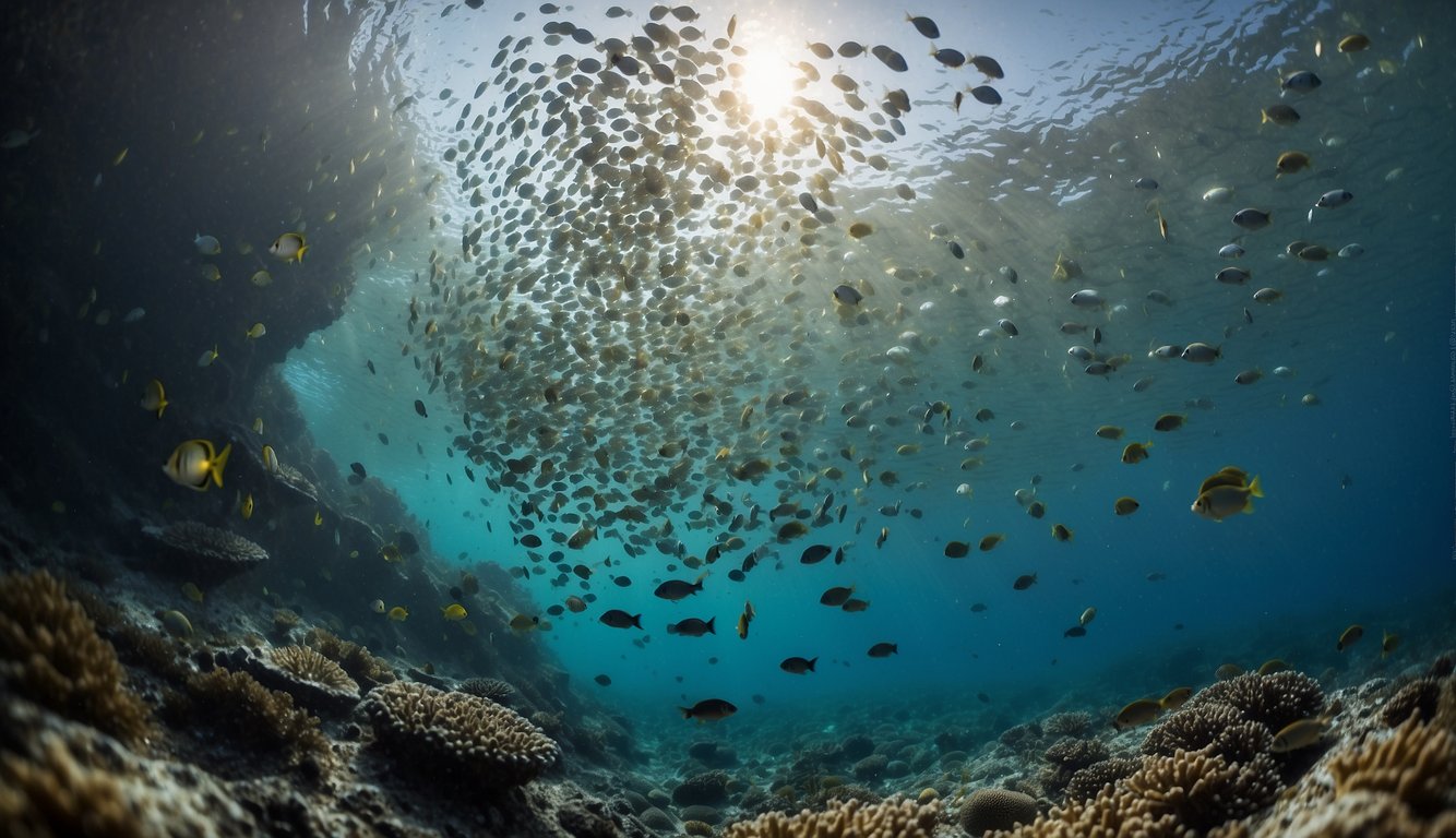 Sea lice swarm around a coral reef, feeding on tiny organisms.

Some attach to fish, causing irritation. Others drift in the current, part of the intricate ecosystem