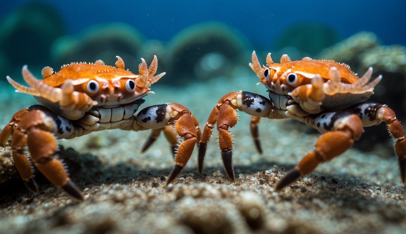 Two boxer crabs face off, each wielding a vibrant anemone in their pincers, ready to duel in the shallow waters of a tropical reef