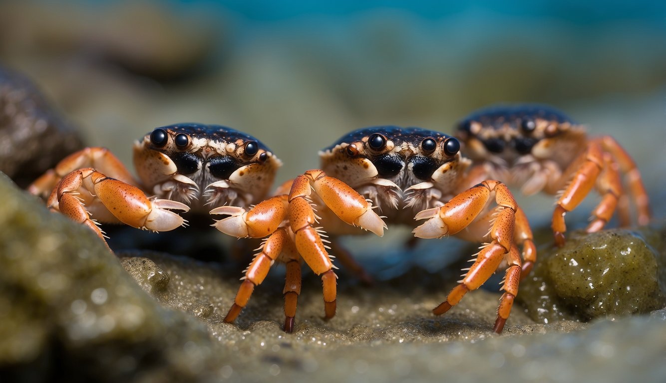 Two boxer crabs with vibrant anemone gloves face off in a shallow tide pool, their tiny pincers raised in a defensive stance