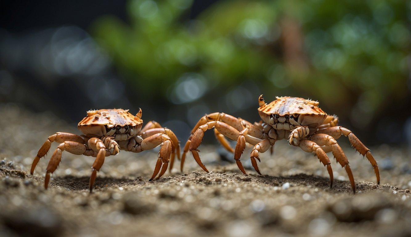 Two boxer crabs engage in combat, each wielding a small anemone as a weapon.

The tiny fighters face off in a dynamic pose, showcasing their unique partnership