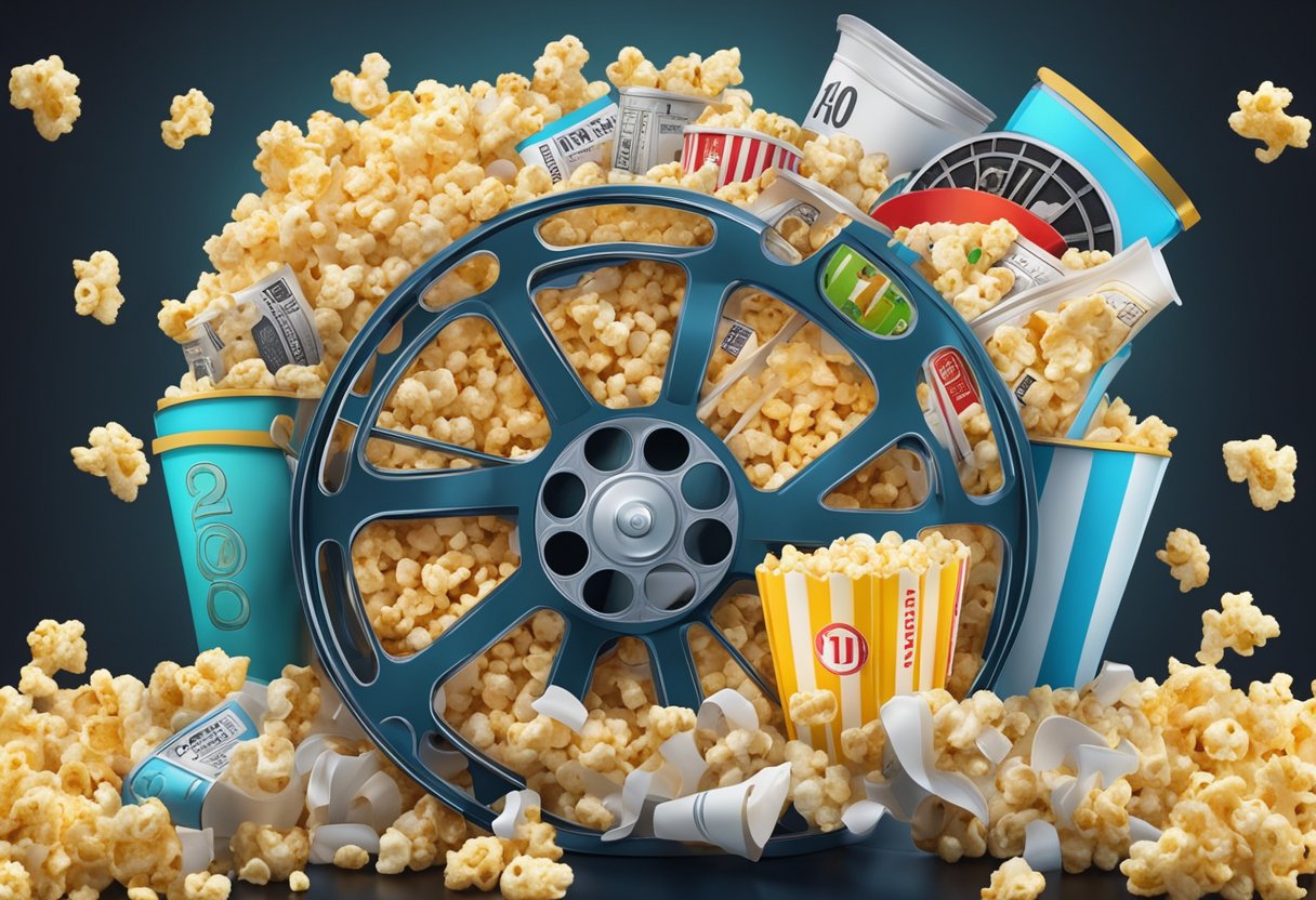 A movie reel with 10 film titles from the past 20 years displayed on a large screen, surrounded by popcorn and soda