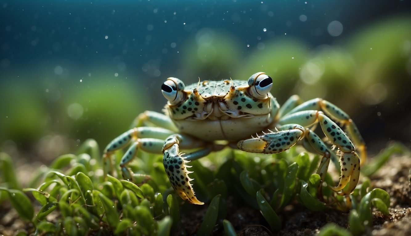 A cluster of pea crabs scuttle among the swaying seagrass, their tiny bodies blending in with the speckled ocean floor