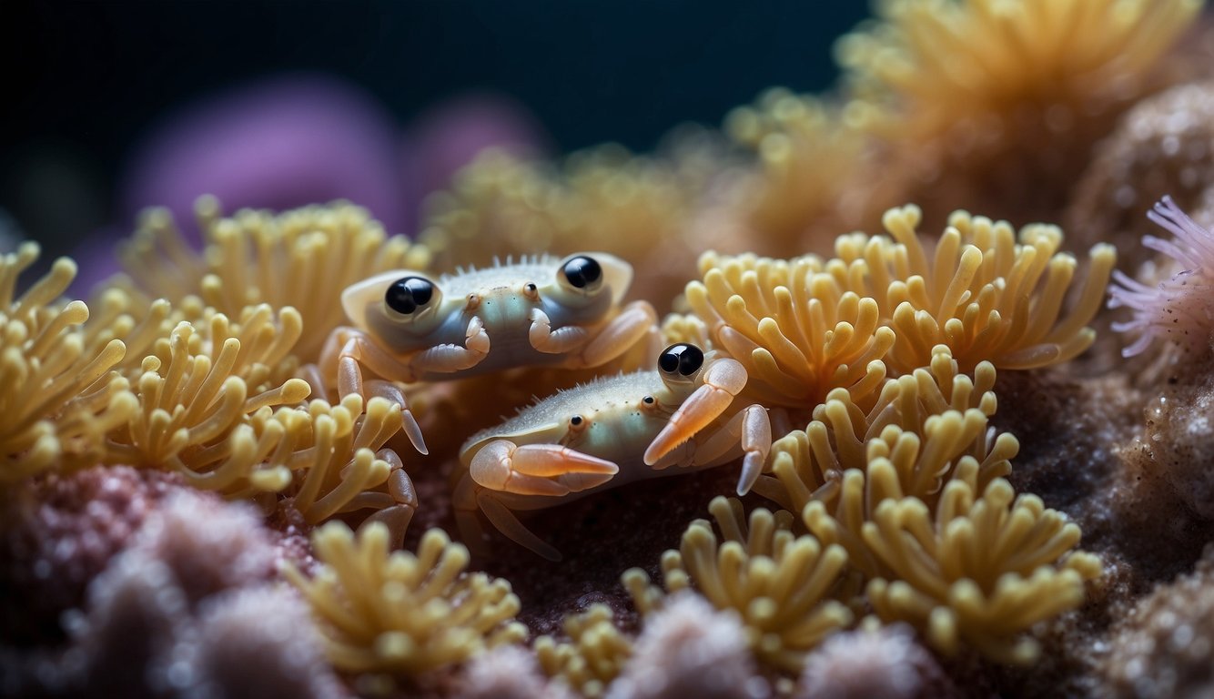 Two tiny pea crabs nestled in the folds of a sea anemone, their small bodies blending into the colorful coral backdrop