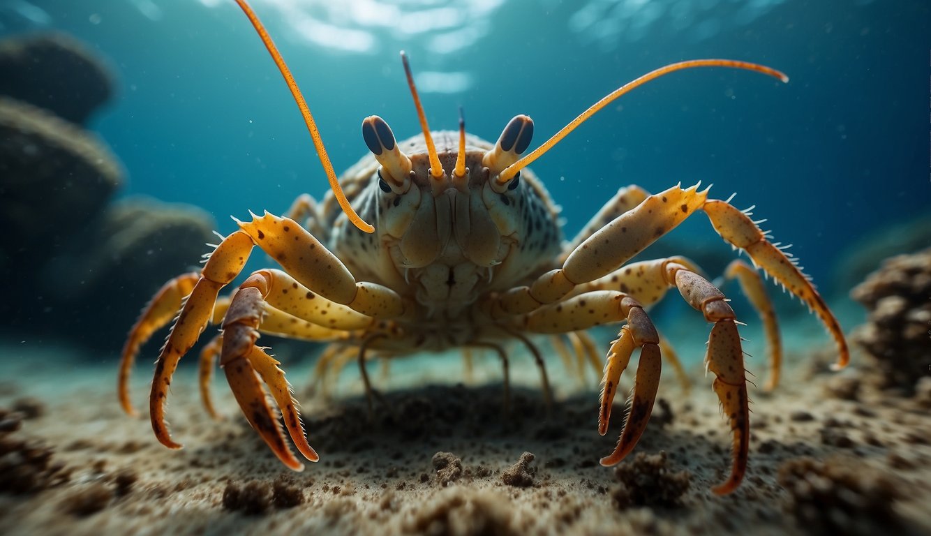 A group of slipper lobsters scuttle along the ocean floor, their flattened bodies and long, spiny antennae making them stand out among the other crustaceans