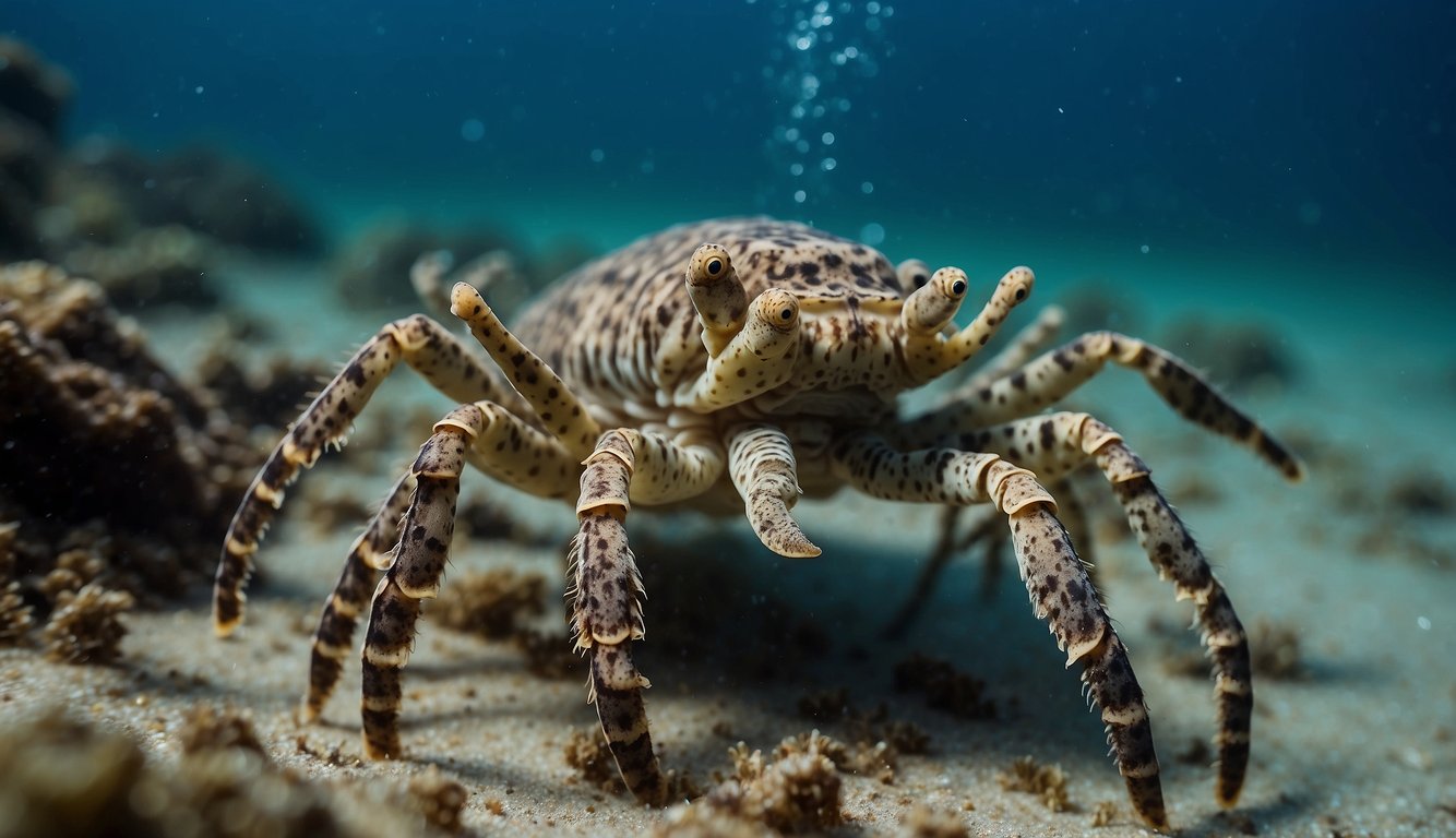 A slipper lobster scuttles along the ocean floor, using its flattened body and long antennae to search for small fish, mollusks, and algae to feed on