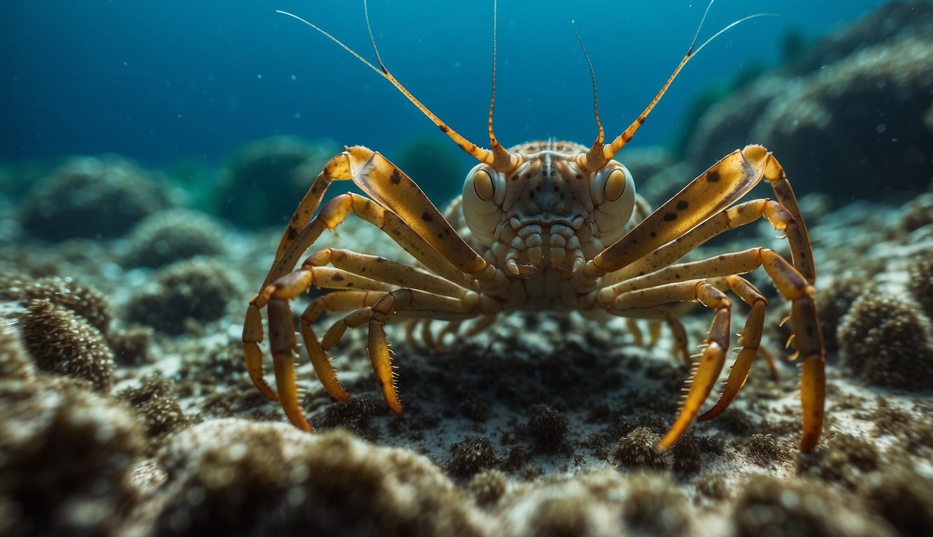 A group of slipper lobsters gather on the ocean floor, their unique flat bodies and long antennae distinguishing them from other crustaceans.

They scuttle around, interacting with each other and the surrounding environment