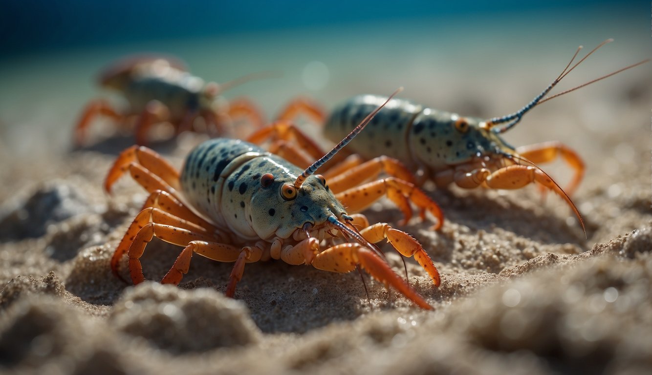 A group of slipper lobsters scuttling across a sandy ocean floor, their long, flat bodies and bulging eyes making them stand out from other crustaceans