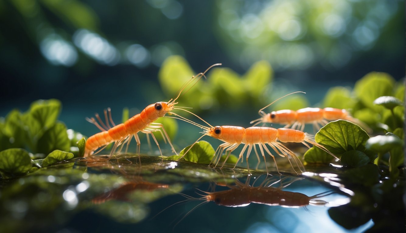 Fairy shrimps swimming in a seasonal pool, surrounded by lush vegetation and colorful flowers.

Sunlight filters through the water, creating a magical and enchanting atmosphere