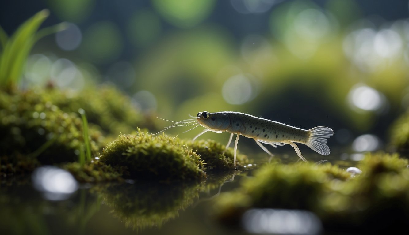 Tadpole shrimps swim in a shallow, murky pond, surrounded by floating plants.

They move gracefully, their long, thin bodies undulating as they search for food