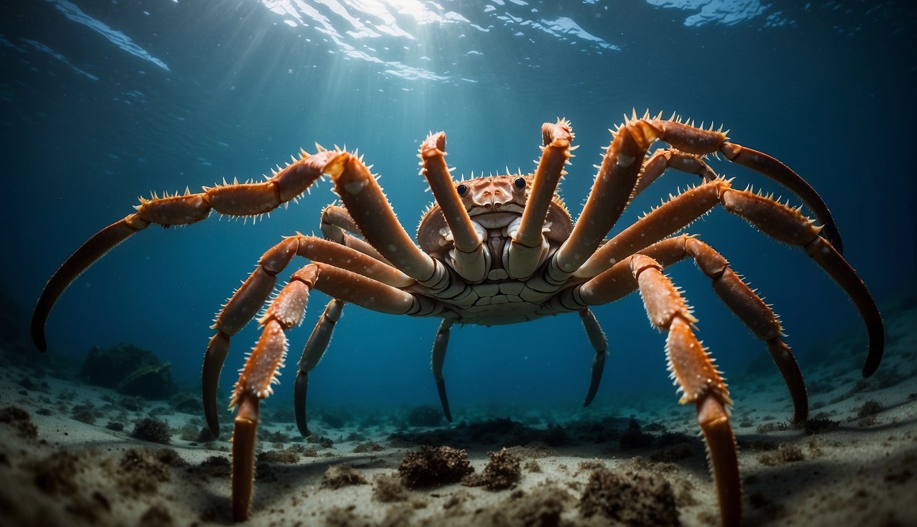 Giant king crabs roam the icy ocean floor, their spiky shells glistening in the cold, dark waters.

They move with regal grace, commanding the respect of all who encounter them