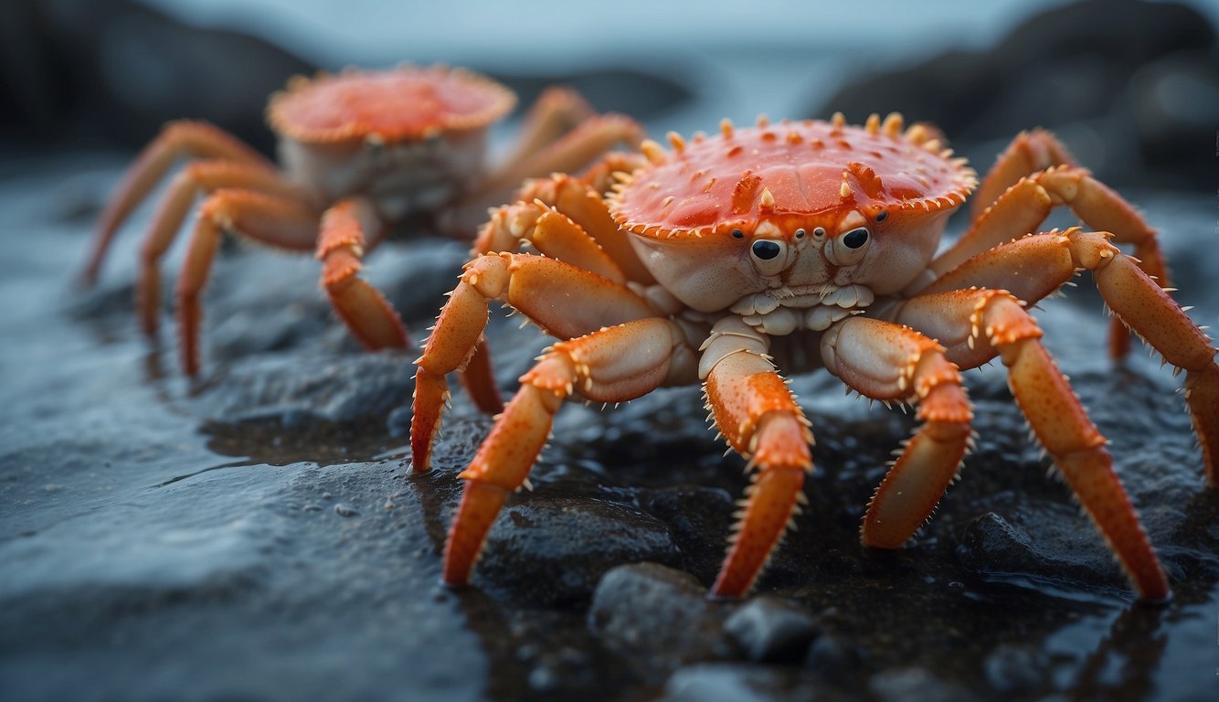 A group of king crabs roam the icy ocean floor, their massive shells and spiky legs dominating the landscape as they scavenge for food