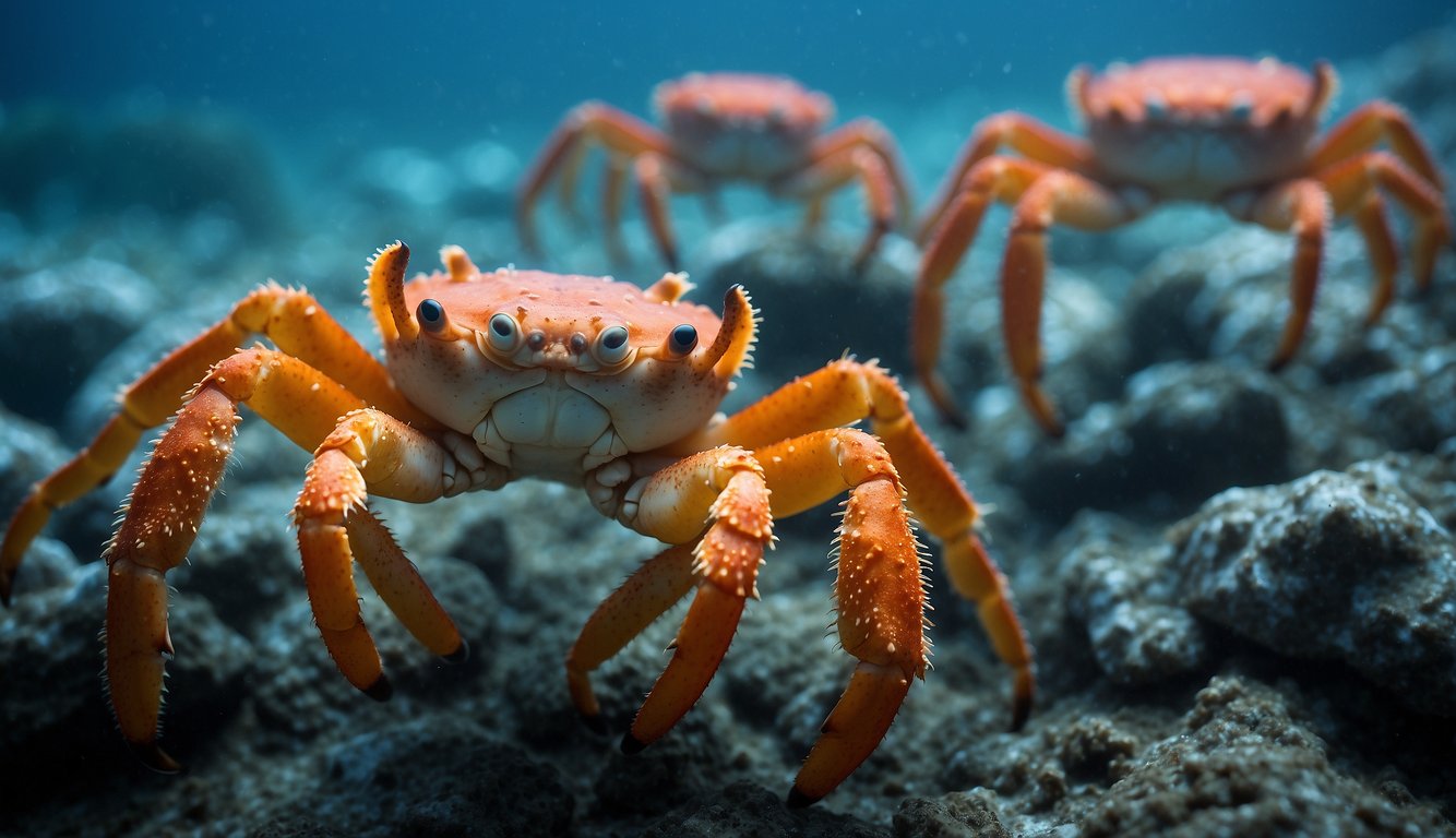 A group of king crabs scavenge for food on the icy ocean floor, their massive claws ready to defend against predators.

The majestic creatures exude power and dominance in their frigid Arctic kingdom