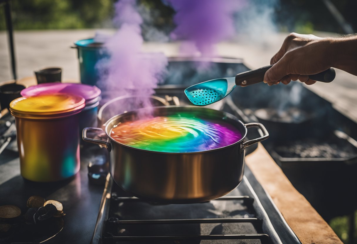 A large pot of boiling water sits on a stove. A person holds a disc golf disc with tongs and dips it into a vat of colorful dye