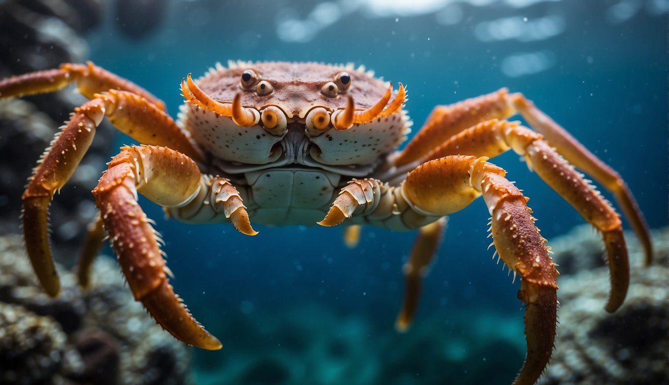 A group of king crabs roam the icy depths of the Arctic sea, their massive claws and armored bodies dominating the underwater landscape
