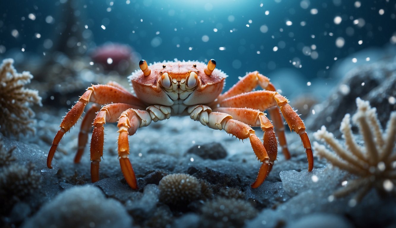 King crabs stand tall on icy ocean floor, surrounded by other sea creatures.

Snowflakes drift down from above, creating a serene Arctic scene