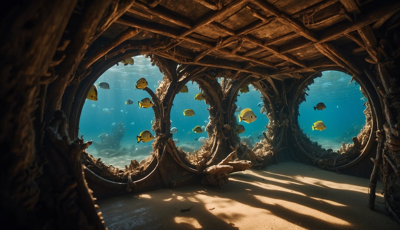 A group of gribbles busily chomp away at the wooden hull of a shipwreck, leaving behind intricate patterns of tunnels and holes