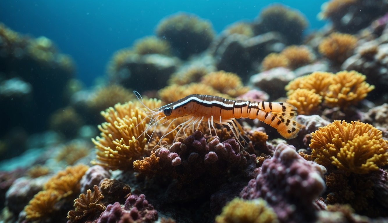 A school of tiger shrimps swims gracefully among the colorful coral reefs, their vibrant stripes standing out against the azure ocean backdrop