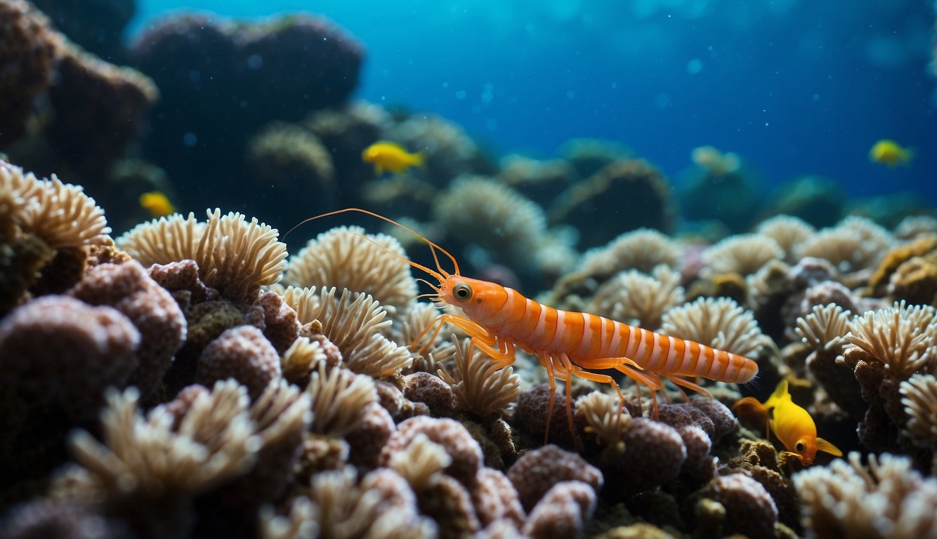 A group of tiger shrimps swim gracefully among colorful coral reefs, their vibrant striped bodies standing out against the blue ocean backdrop