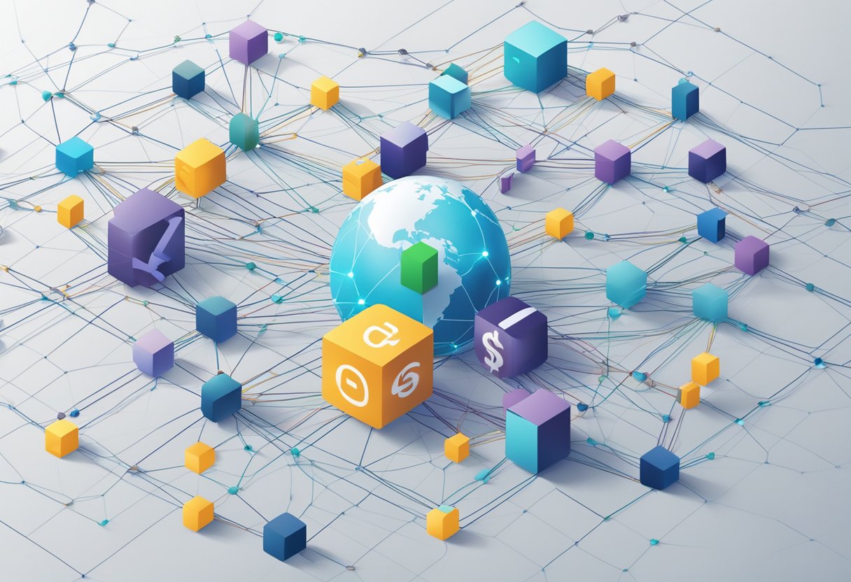 A network of interconnected nodes symbolizing blockchain technology, surrounded by digital currency symbols and data streams