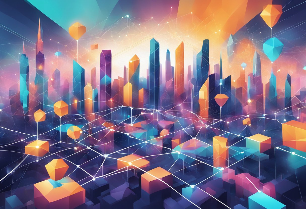 A futuristic cityscape with interconnected nodes and data streams, symbolizing the decentralized nature of blockchain technology. Bright, vibrant colors and geometric shapes emphasize the potential for reshaping the world