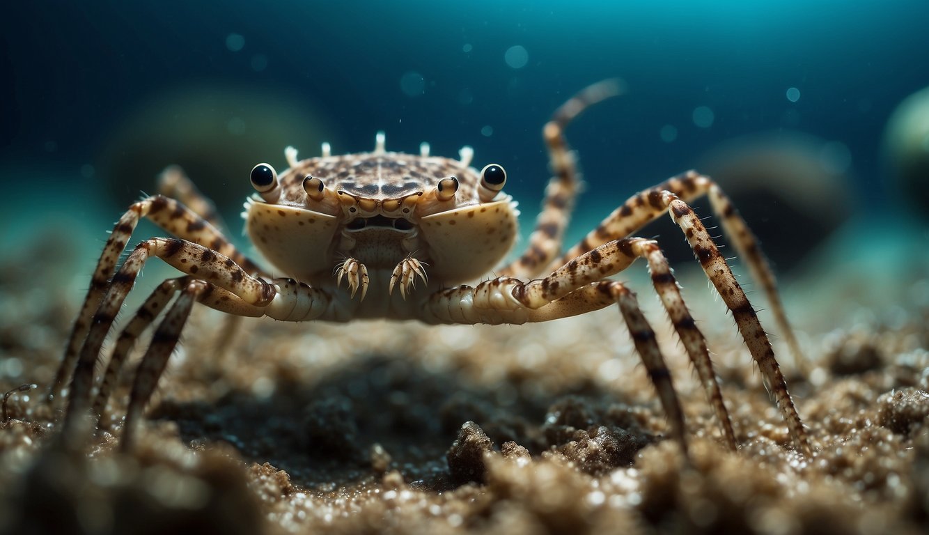 A group of arrow crabs scuttle across the ocean floor, their long, spindly legs and spikey bodies resembling spiders of the sea