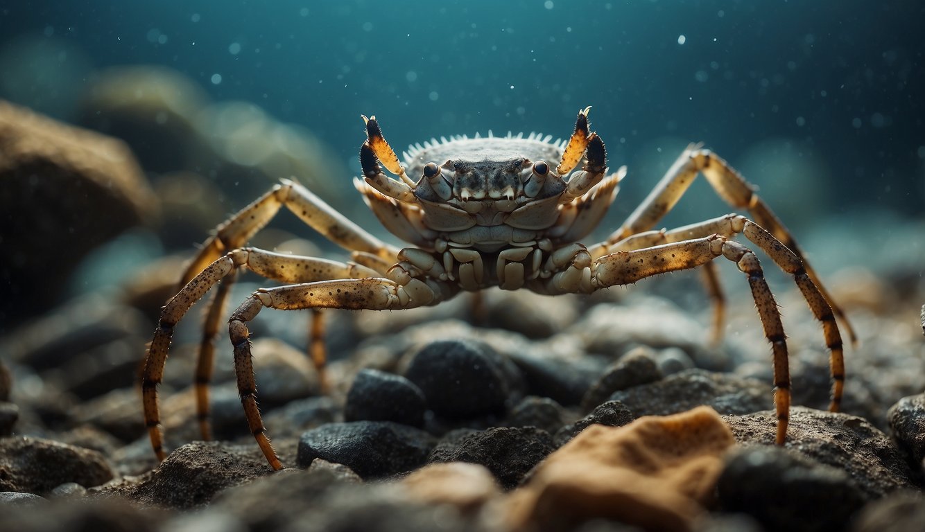 A group of arrow crabs scuttle across a rocky seabed, their long, spindly legs and spikey bodies creating an eerie and mysterious atmosphere