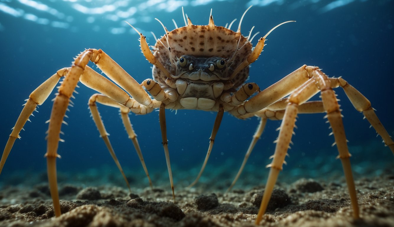 An arrow crab scuttles along the ocean floor, its long, spindly legs and spikey exoskeleton making it look like a spider of the sea