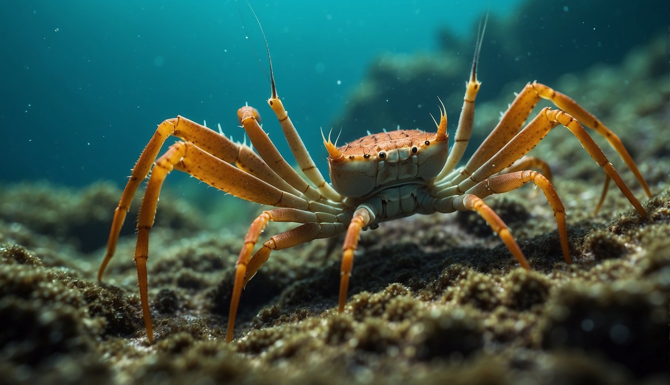 Arrow crabs scuttle across the ocean floor, their long, spindly legs and spiky bodies giving them the appearance of underwater spiders.

They use their sharp claws to pick at algae and small invertebrates, creating a captivating scene of