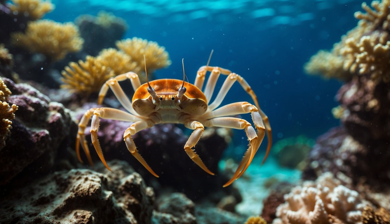 An arrow crab perched on a coral reef, its long spindly legs and spiky body blending in with the surrounding sea life
