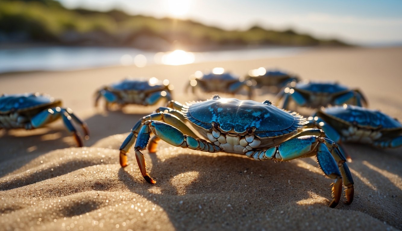 A group of blue crabs scuttle across the sandy seashore, their vibrant blue shells glistening in the sunlight as they dip in and out of the gentle waves
