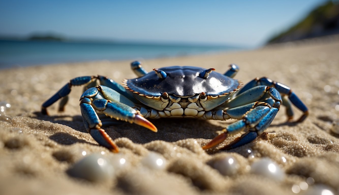 Blue crabs scuttle along the sandy seashore, their vibrant blue shells glistening in the sunlight.

A few of them venture into the shallow waters, gracefully swimming with their paddle-like legs